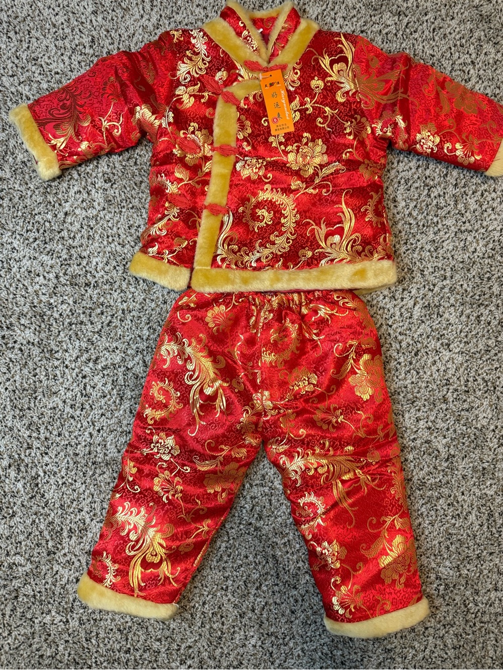 Kid Red and gold Chinese traditional baby set with fur trim